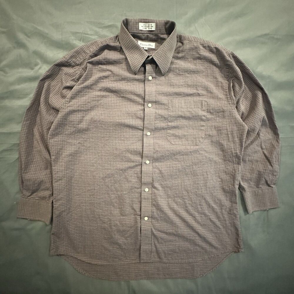 Vintage 90s Christian Dior Dress Shirt Button Down Mens 16.5 32/33 Plaid Brown